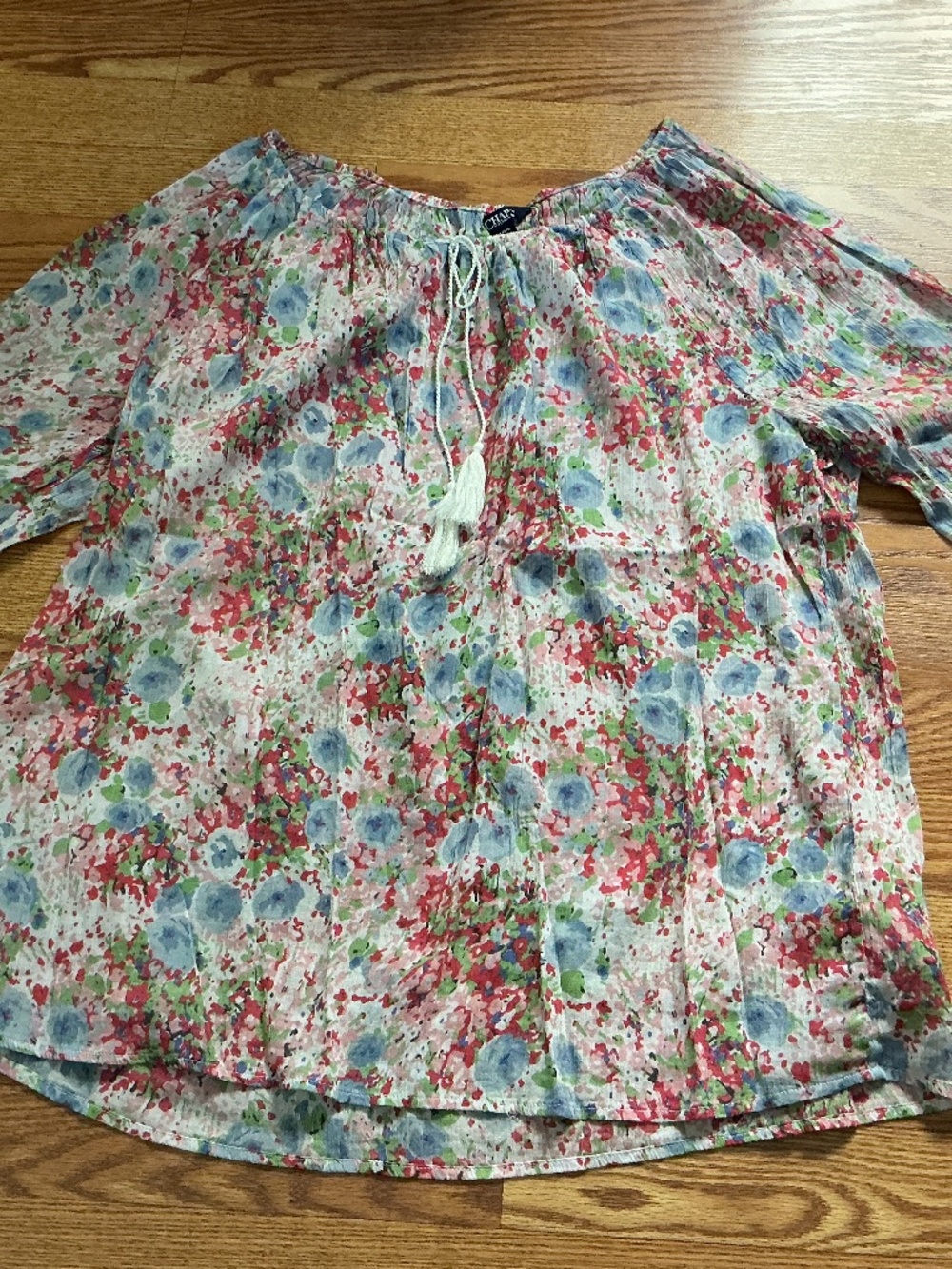 Chaps Lightweight Gauzy Floral 3/4 Sleeve Tassel Tie Peasant Blouse L